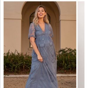Blue Lace Mesh Overlay Maternity Dress